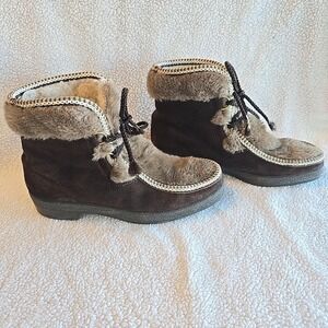 VINTAGE YODELERS Après Snow Boots US Size 7 Suede Fleece Faux Fur Brown